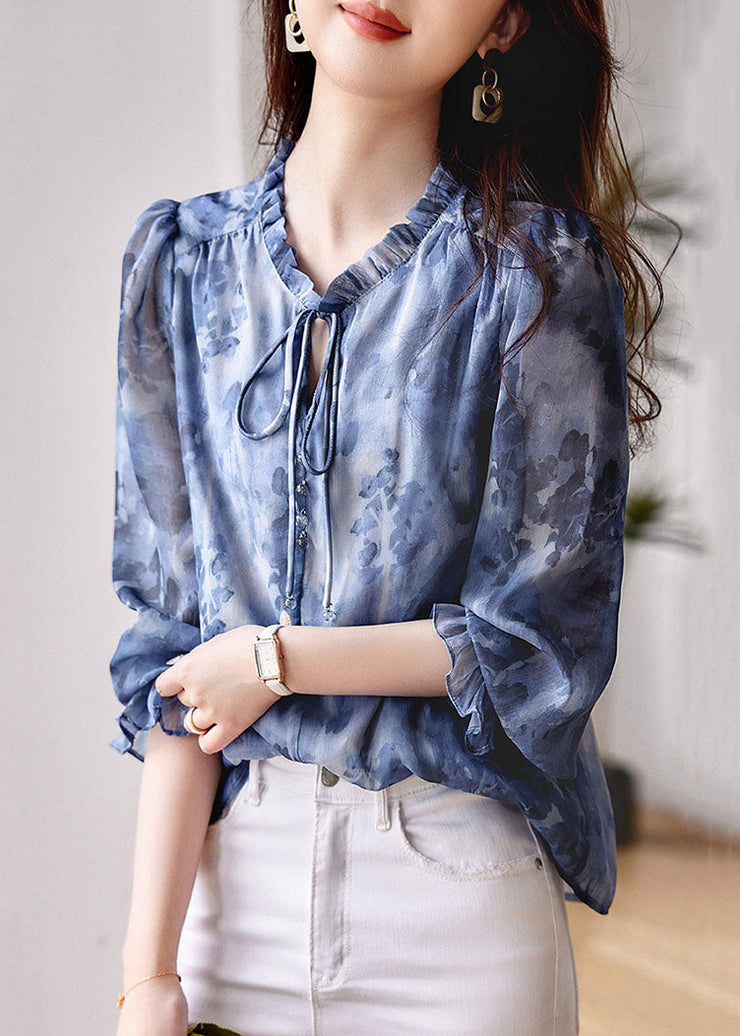 Classy Blue Ruffled Print Patchwork Chiffon Shirts Top Long Sleeve