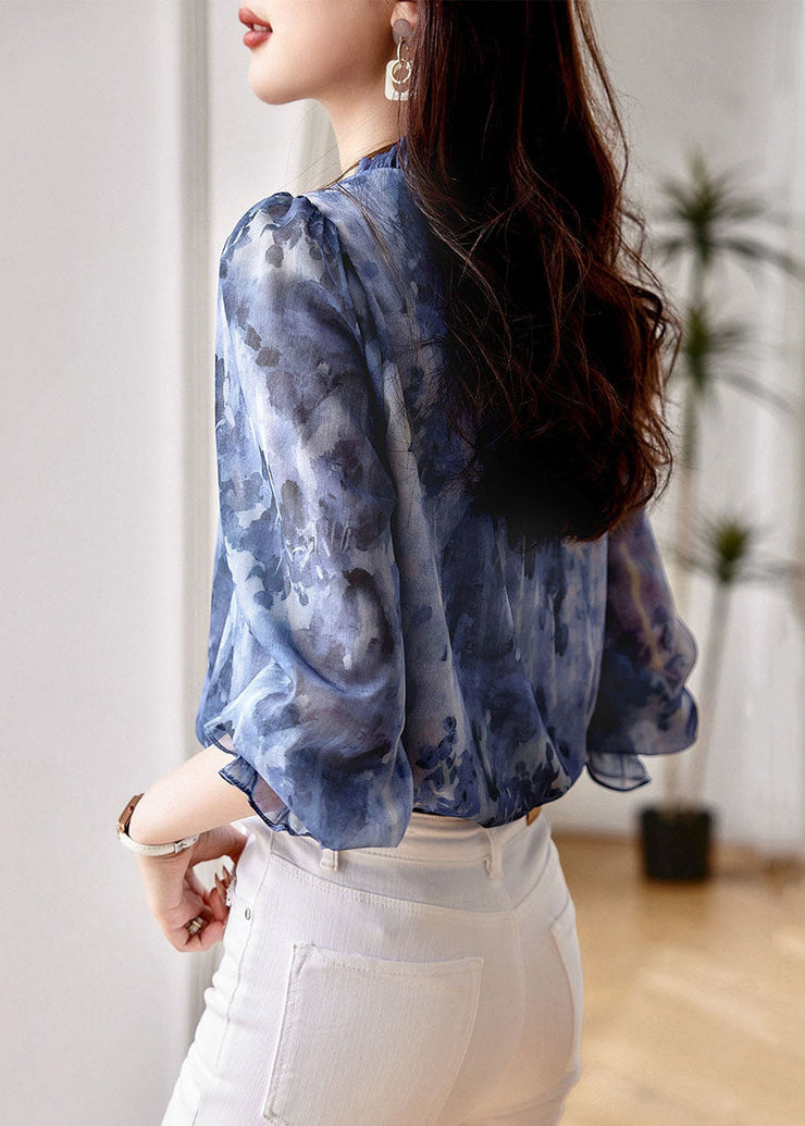 Classy Blue Ruffled Print Patchwork Chiffon Shirts Top Long Sleeve