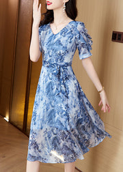 Classy Blue Ruffled Print Tie Waist Chiffon Dresses Summer