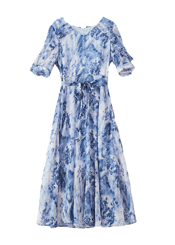 Classy Blue Ruffled Print Tie Waist Chiffon Dresses Summer