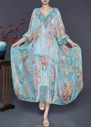 Classy Blue Ruffles Print Silk Vacation Dresses Spring