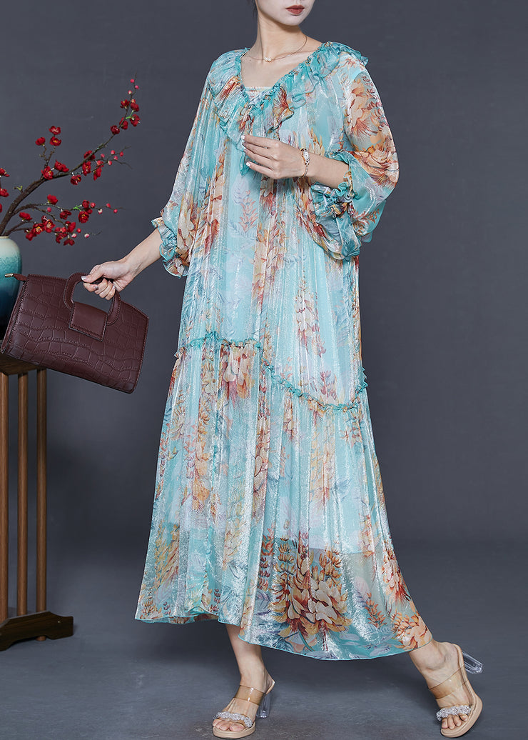 Classy Blue Ruffles Print Silk Vacation Dresses Spring