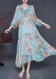 Classy Blue Ruffles Print Silk Vacation Dresses Spring