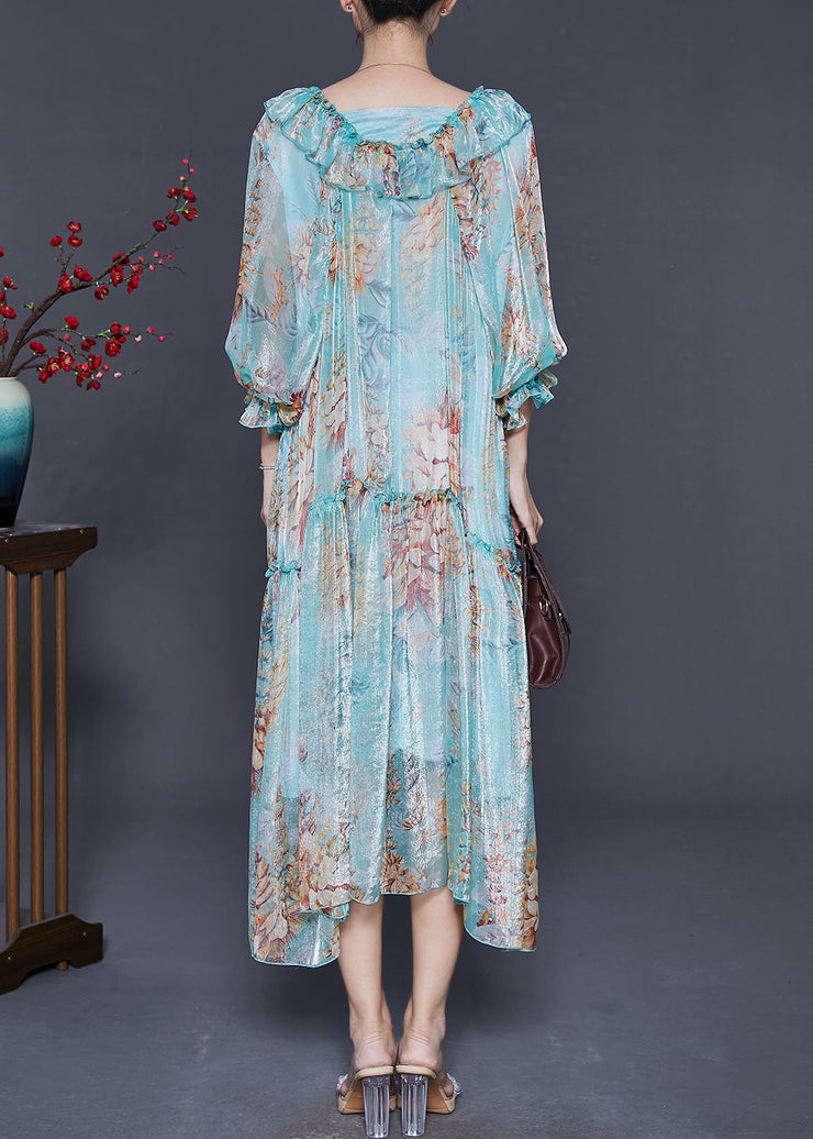 Classy Blue Ruffles Print Silk Vacation Dresses Spring