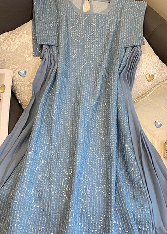 Classy Blue Sequins Patchwork Cotton Mid Dress Sleeveless