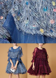 Classy Blue Sequins Velour Patchwork Tulle Day Dress Half Sleeve