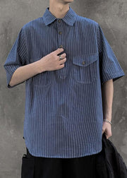 Classy Blue Striped Pockets Cotton Mens Shirt Summer