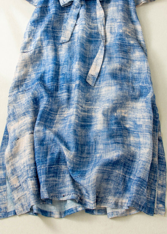 Classy Blue Tie Dye Side Open Tie Waist Linen Long Dresses Summer