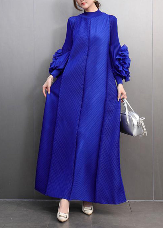 Classy Blue Turtleneck Wrinkled Maxi Dress Petal Sleeve