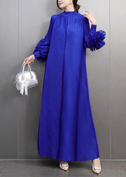 Classy Blue Turtleneck Wrinkled Maxi Dress Petal Sleeve