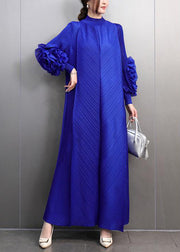 Classy Blue Turtleneck Wrinkled Maxi Dress Petal Sleeve