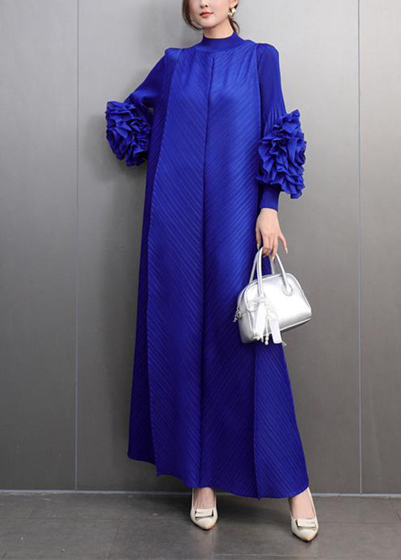 Classy Blue Turtleneck Wrinkled Maxi Dress Petal Sleeve