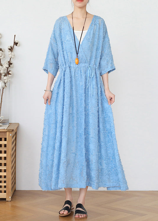 Classy Blue V Neck Cinched Hollow Out Chiffon Maxi Dress Long Sleeve