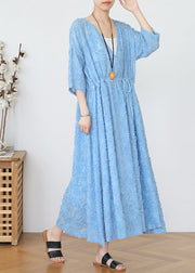 Classy Blue V Neck Cinched Hollow Out Chiffon Maxi Dress Long Sleeve