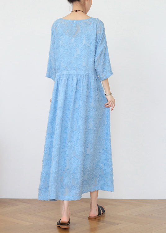 Classy Blue V Neck Cinched Hollow Out Chiffon Maxi Dress Long Sleeve