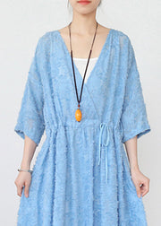 Classy Blue V Neck Cinched Hollow Out Chiffon Maxi Dress Long Sleeve