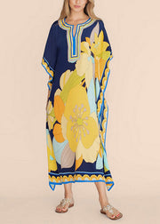 Classy Blue V Neck Print Side Open Long Beach Dress Summer