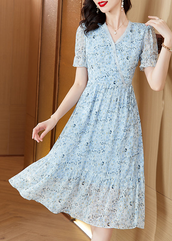 Classy Blue V Neck Print Wrinkled Chiffon Dress Summer