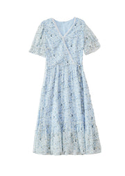 Classy Blue V Neck Print Wrinkled Chiffon Dress Summer