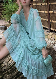 Classy Blue V Neck Ruffled Chiffon Layered Long Dress Long Sleeve