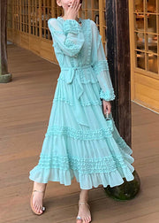 Classy Blue V Neck Ruffled Chiffon Layered Long Dress Long Sleeve