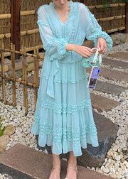 Classy Blue V Neck Ruffled Chiffon Layered Long Dress Long Sleeve