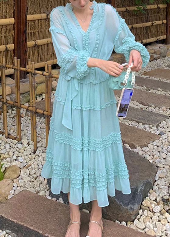 Classy Blue V Neck Ruffled Chiffon Layered Long Dress Long Sleeve