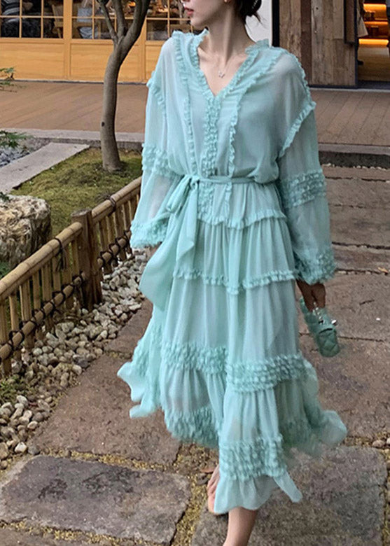 Classy Blue V Neck Ruffled Chiffon Layered Long Dress Long Sleeve