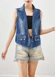 Classy Blue Zip Up Silm Fit Denim Vests Fall