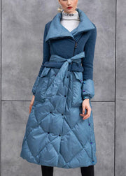 Classy Blue Zip Up Tie Waist Patchwork Duck Down Coat Winter