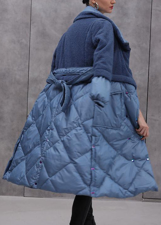 Classy Blue Zip Up Tie Waist Patchwork Duck Down Coat Winter