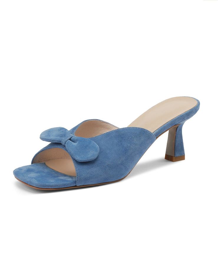 Classy Bow Splicing High Heel Blue Suede Slide Sandals