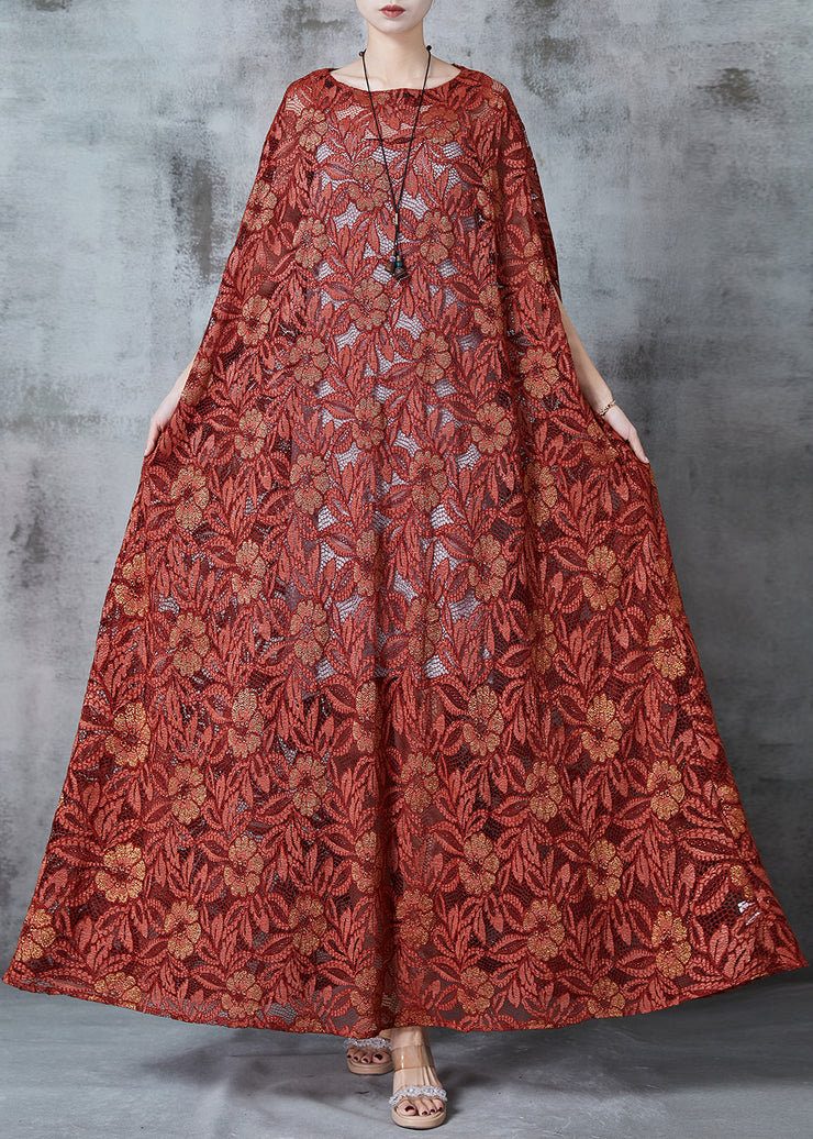 Classy Brick Red Embroidered Tulle Maxi Dresses Summer