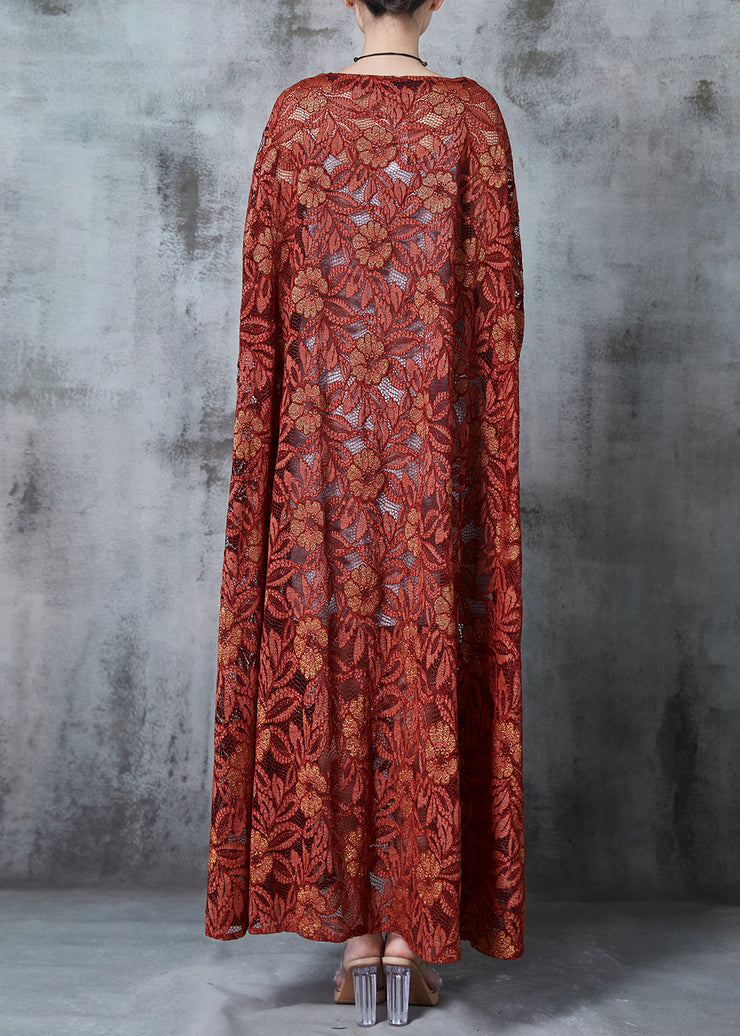 Classy Brick Red Embroidered Tulle Maxi Dresses Summer