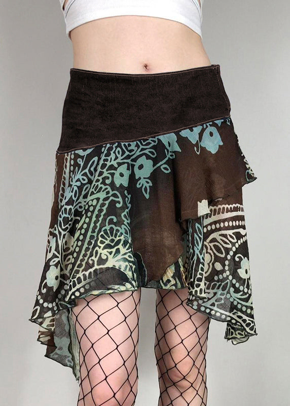 Classy Brown Asymmetrical Print Patchwork Skirt Summer