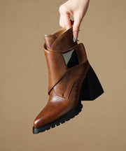 Classy Brown Cowhide Leather Chunky Heel Splicing Boots Pointed Toe