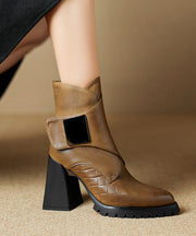 Classy Brown Cowhide Leather Chunky Heel Splicing Boots Pointed Toe