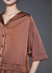 Classy Brown Hooded Button Down Silk Two Pieces Set Fall