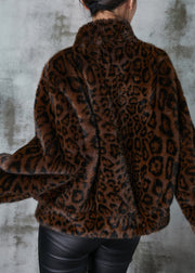 Classy Brown Leopard Print Pockets Faux Fur Coat Winter