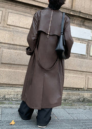 Classy Brown Notched Double Breast Faux Leather Mens Trench Coats Winter