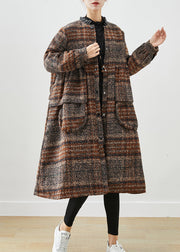 Classy Brown O-Neck Oversized Thick Woolen Coats Fall