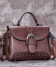 Classy Brown Rivet Durable Genuine Calf Leather Tote Handbag