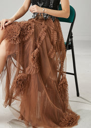 Classy Brown Ruffled Stereoscopic Floral Tulle Skirt Spring