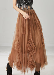 Classy Brown Ruffled Stereoscopic Floral Tulle Skirt Spring