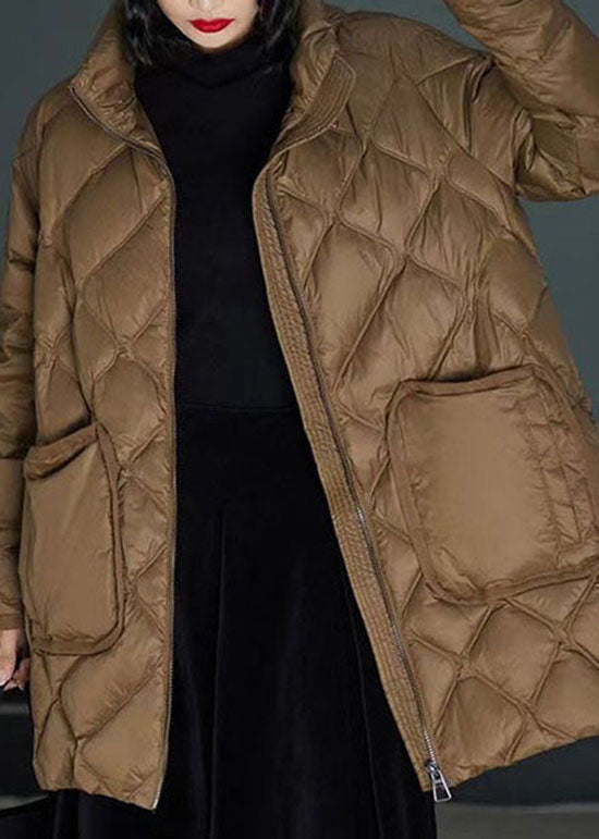 Classy Brown Stand Collar Zippered Duck Down Puffers Coats Winter