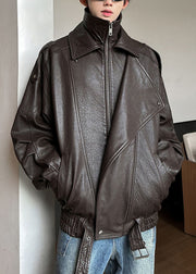 Classy Brown Zip Up Original Design Faux Leather Men Coat Spring