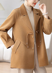 Classy Camel Notched Tassel Pockets Woolen Coat Winter