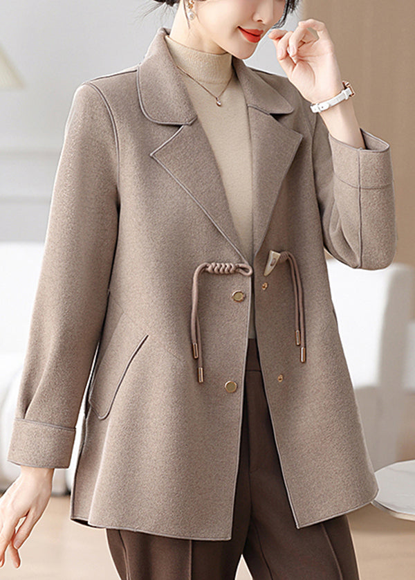 Classy Camel Notched Tassel Pockets Woolen Coat Winter