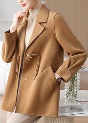 Classy Camel Notched Tassel Pockets Woolen Coat Winter