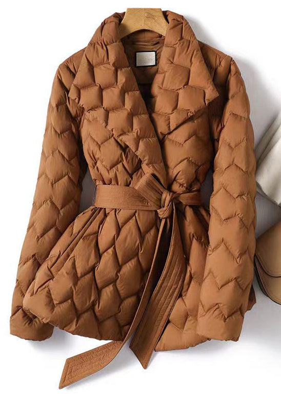 Classy Caramel Notched Tie Waist Thin Cotton Coat Winter